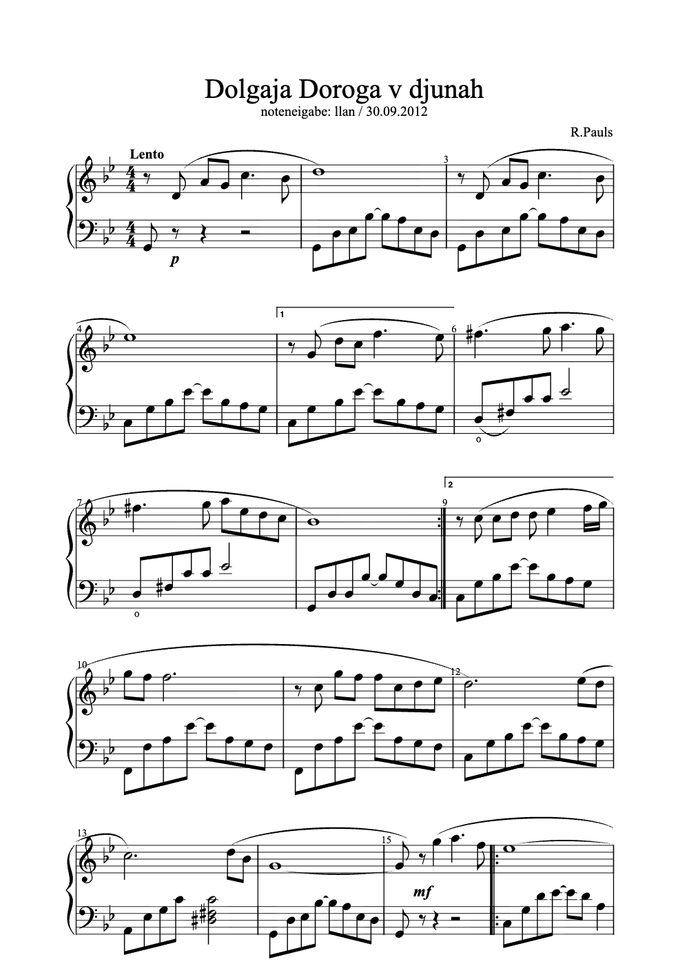 Sheet music preview for Dolgaja Doroga v Djunah