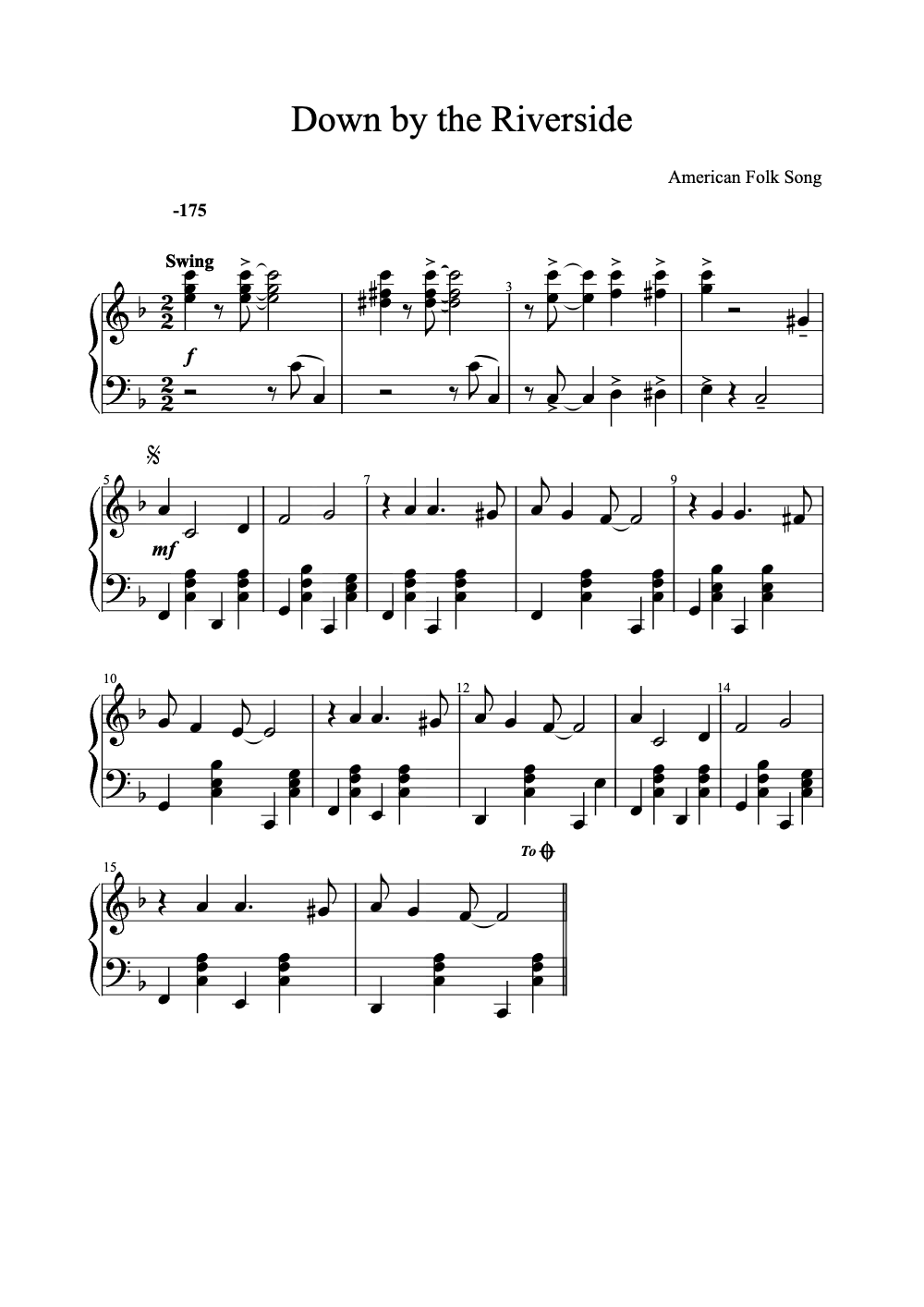 Sheet music preview for Down by the Riverside