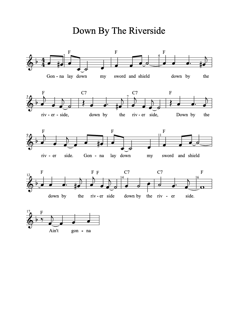 Sheet music preview for Down by the Riverside