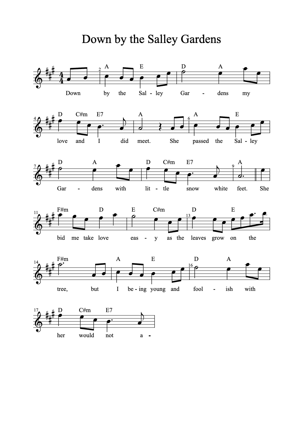 Sheet music preview for Down by the Salley Gardens