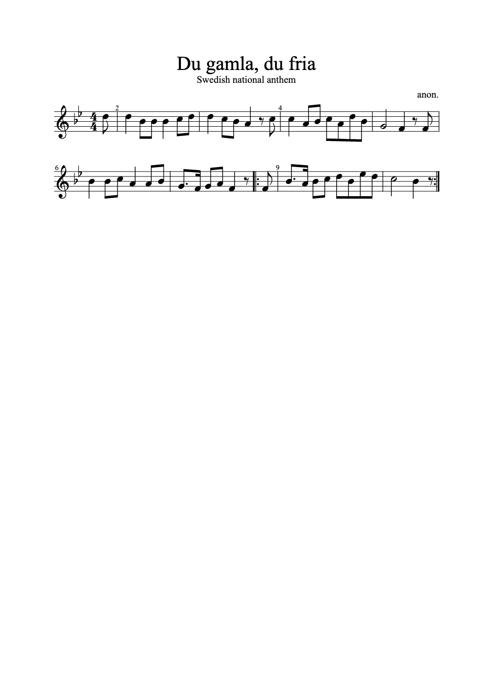 Sheet music preview for Du Gamla, Du Fria