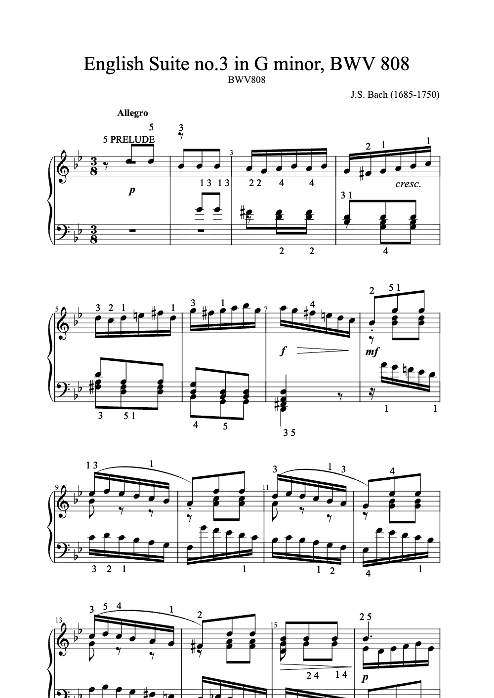 Sheet music preview for English Suite No. 3 in G Minor, BWV 808