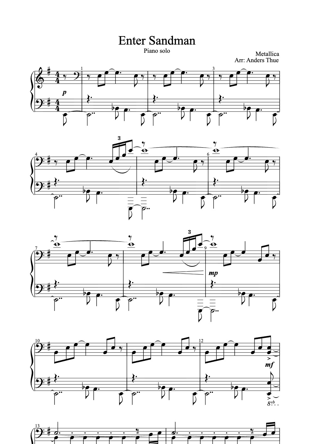 Sheet music preview for Enter Sandman