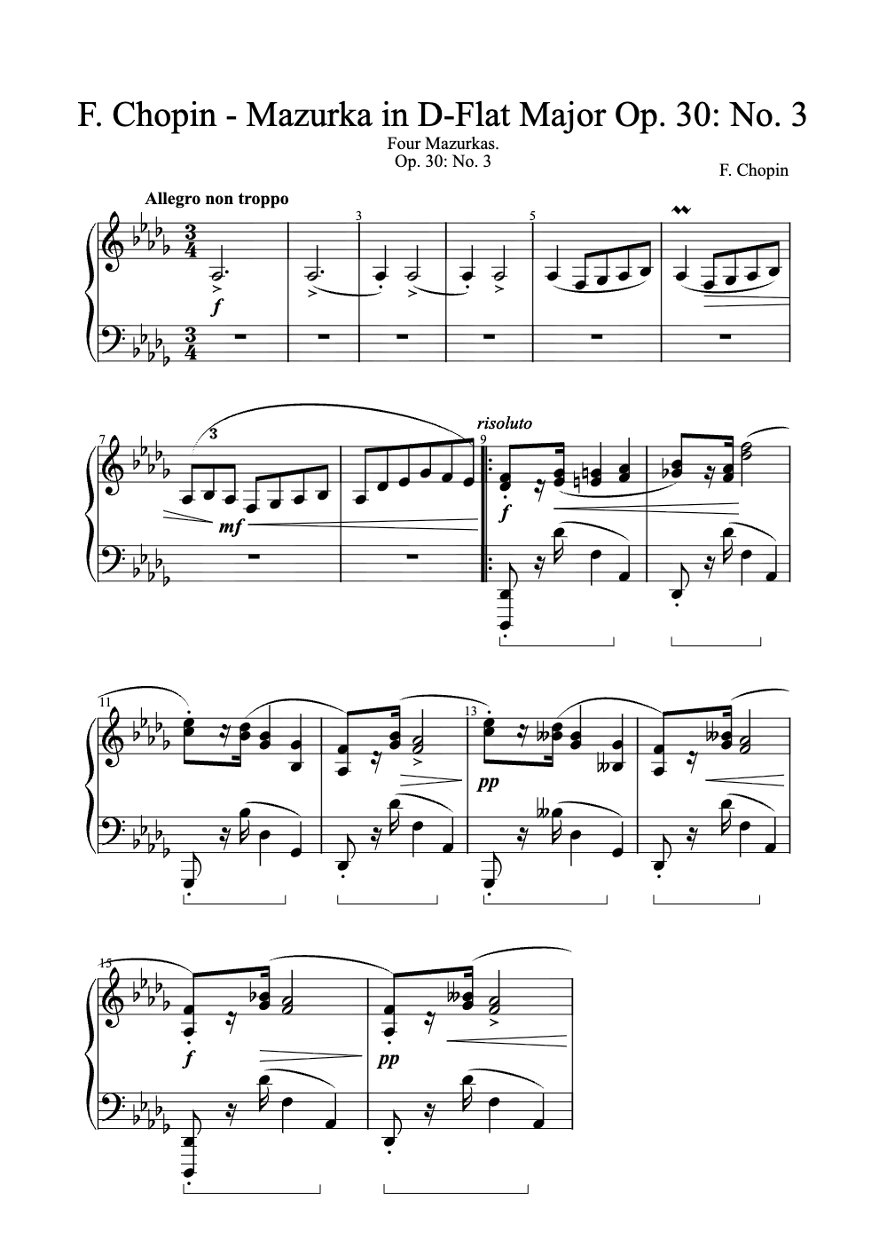 Sheet music preview for Mazurka in D-Flat Major, Op. 30, No. 3