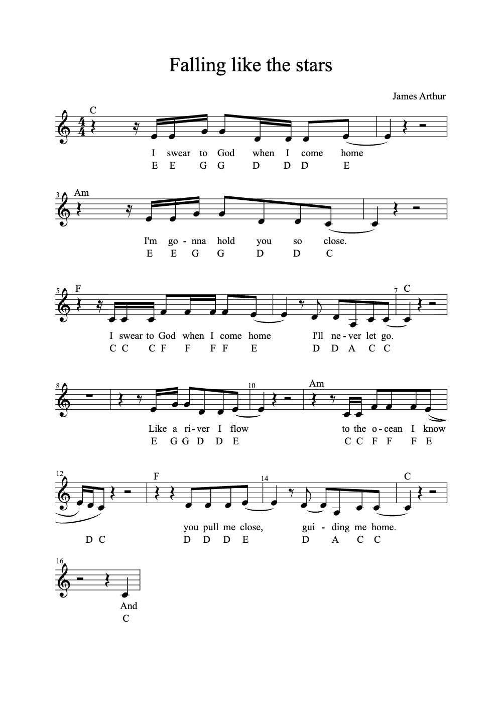 Sheet music preview for Falling Like the Stars