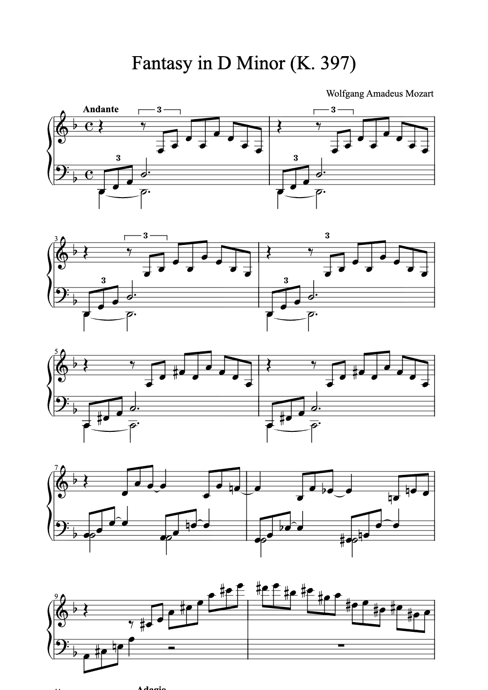 Sheet music preview for Fantasy in D Minor (K. 397)