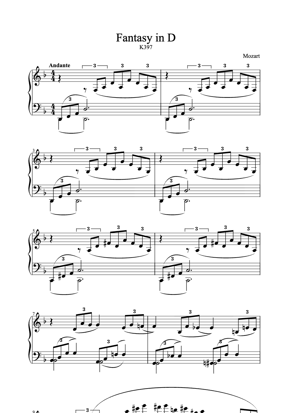Sheet music preview for Fantasy in D