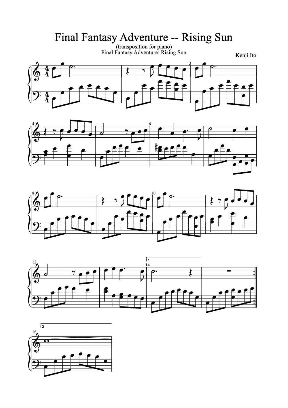 Sheet music preview for Final Fantasy Adventure -- Rising Sun