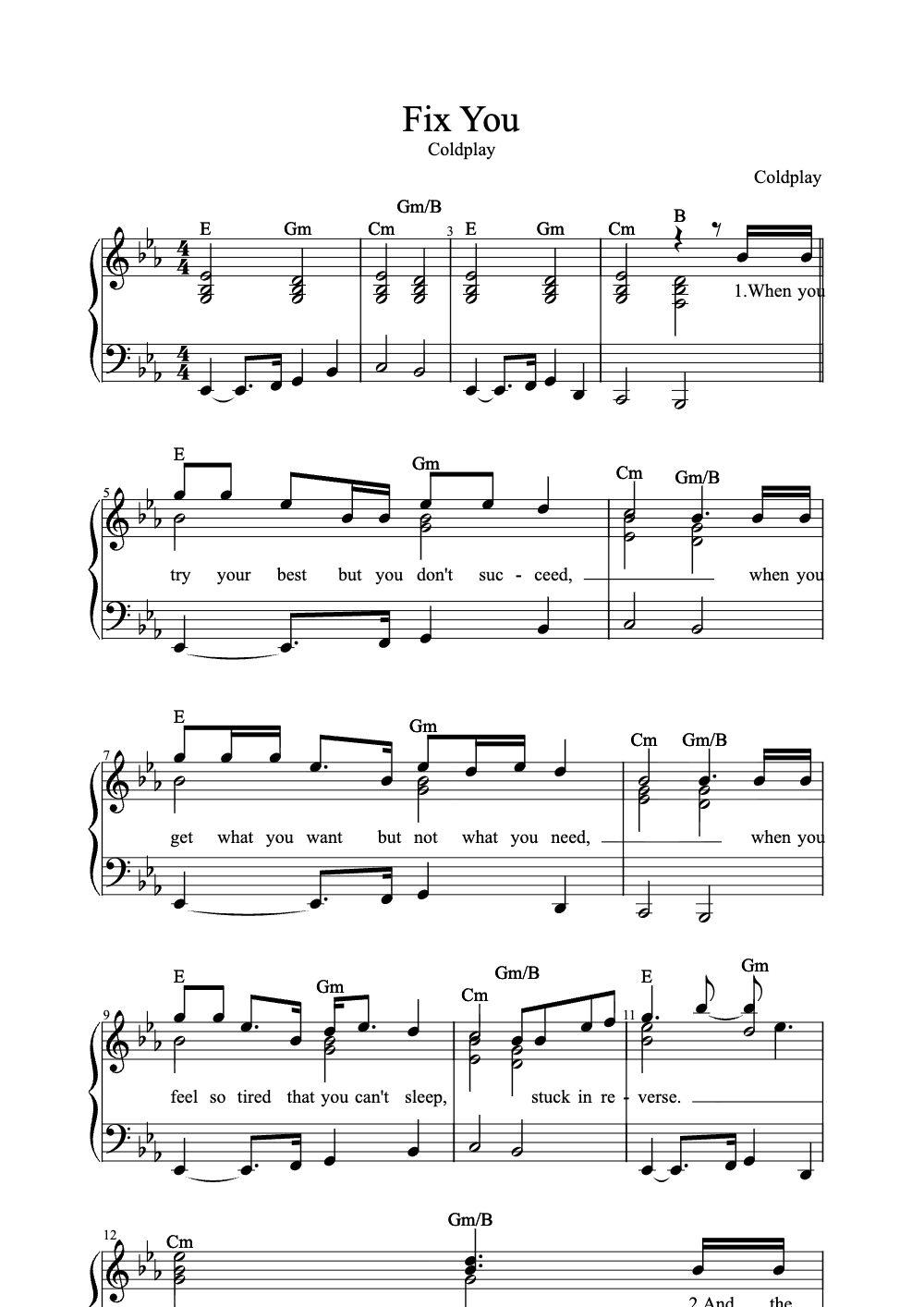 Sheet music preview for Fix You