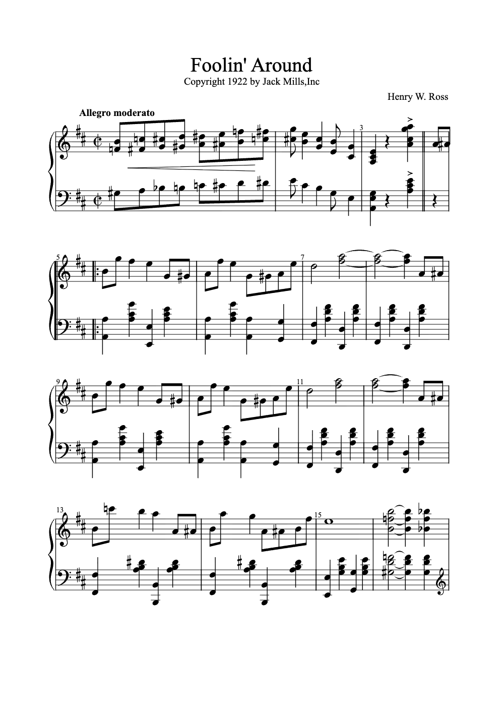 Sheet music preview for Foolin' Around