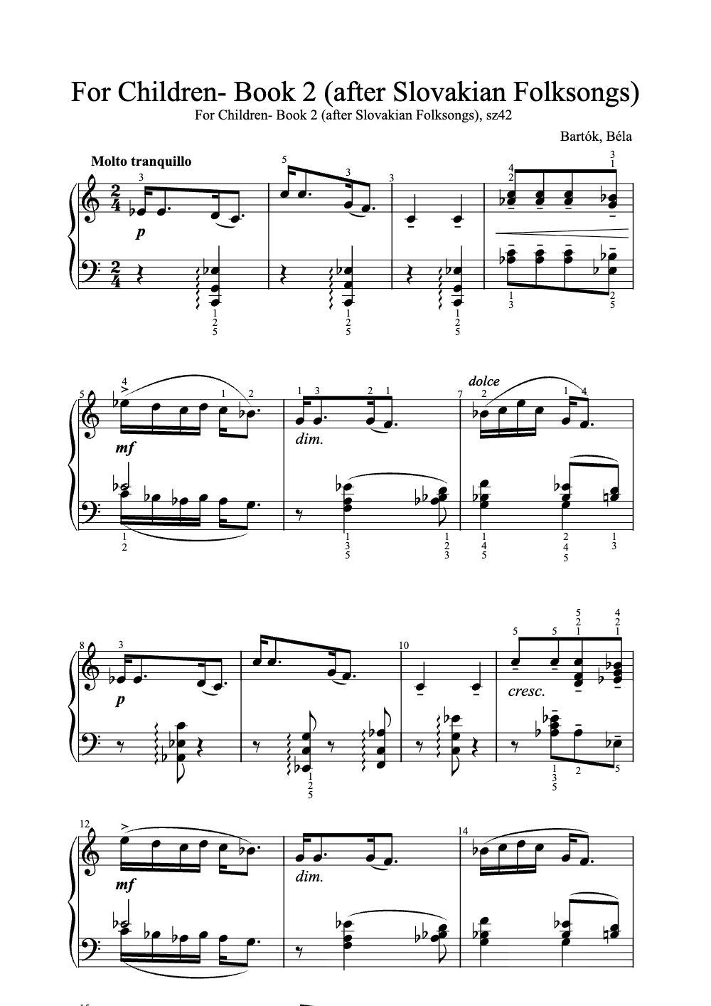 Sheet music preview for For Children: Book 2 (After Slovakian Folksongs)