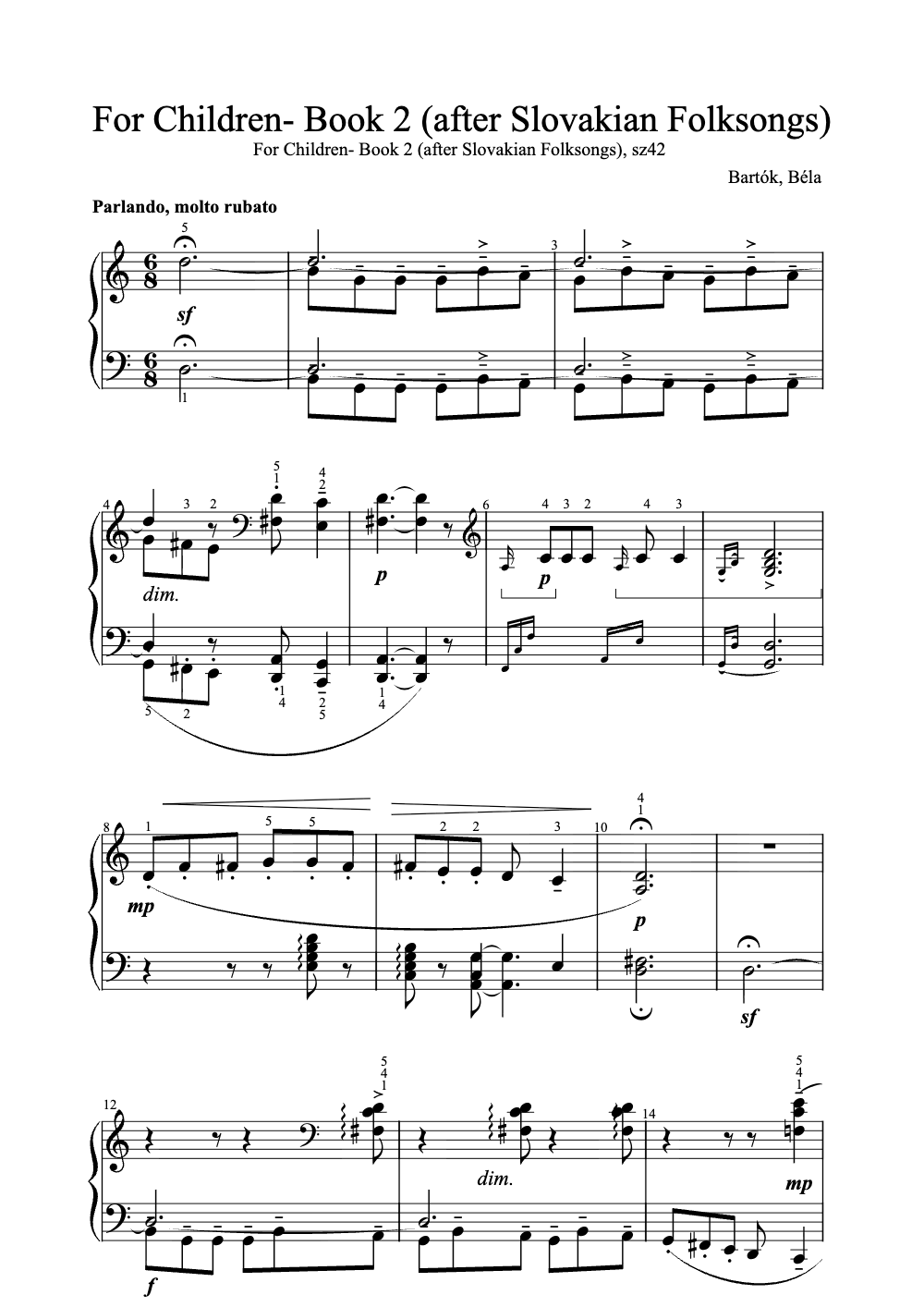 Sheet music preview for For Children: Book 2 (After Slovakian Folksongs)