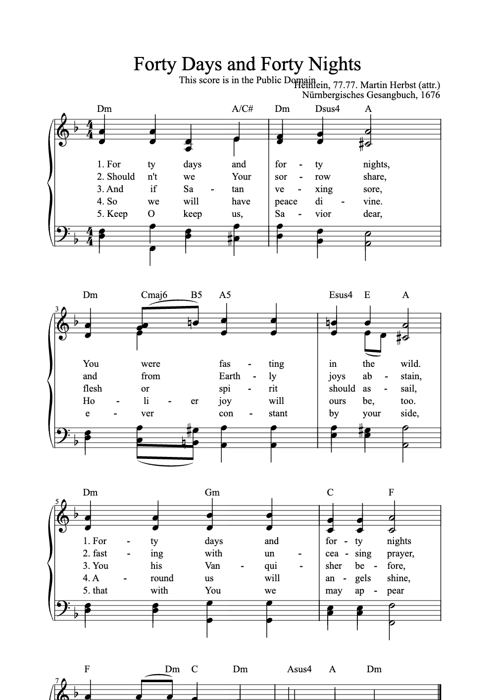 Sheet music preview for Forty Days and Forty Nights