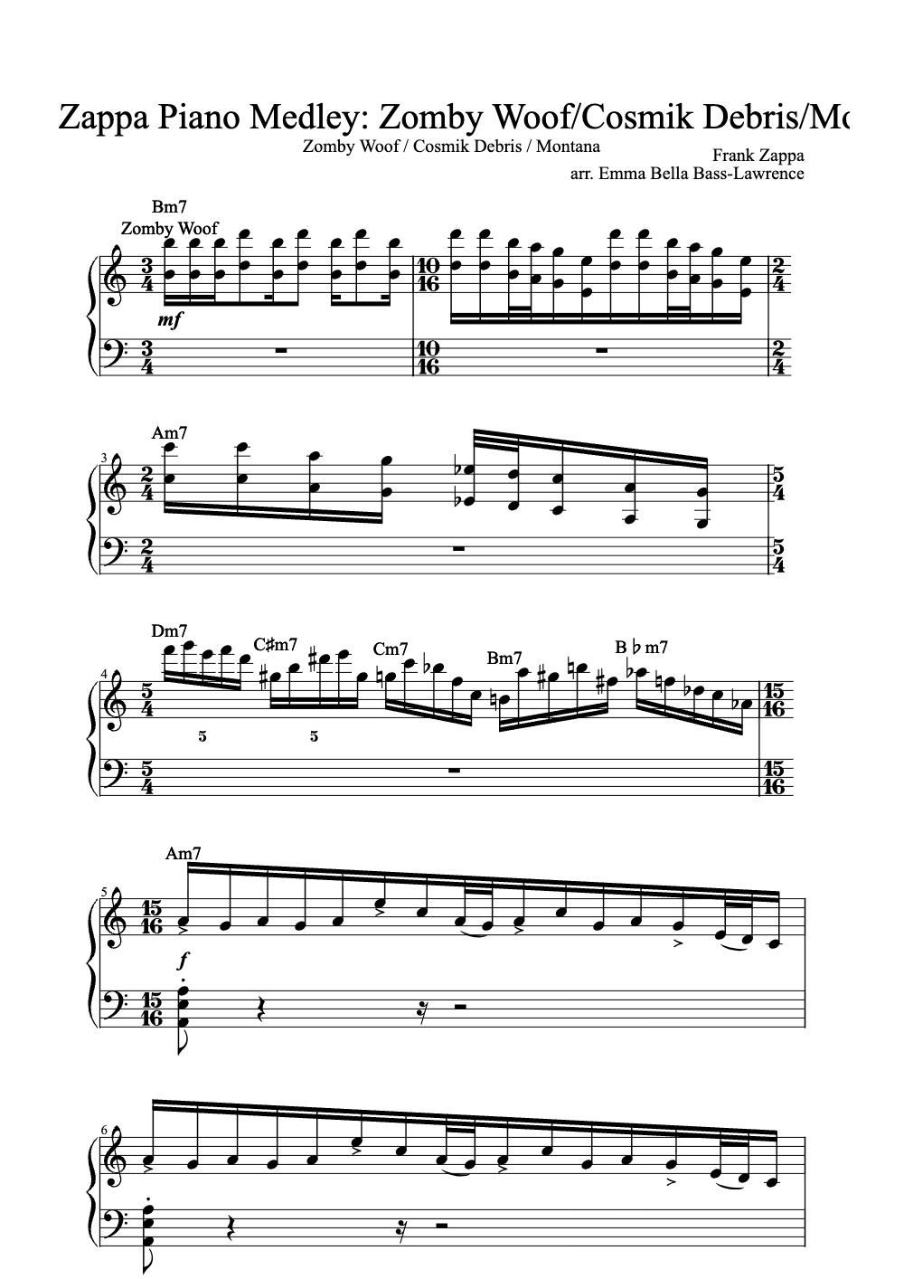 Sheet music preview for Frank Zappa Piano Medley: Zomby Woof/Cosmik Debris/Montana