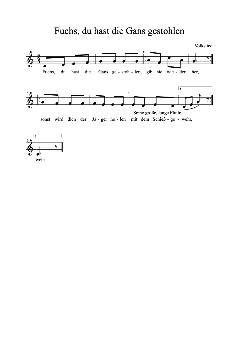 Sheet music preview for Fuchs, Du Hast Die Gans Gestohlen