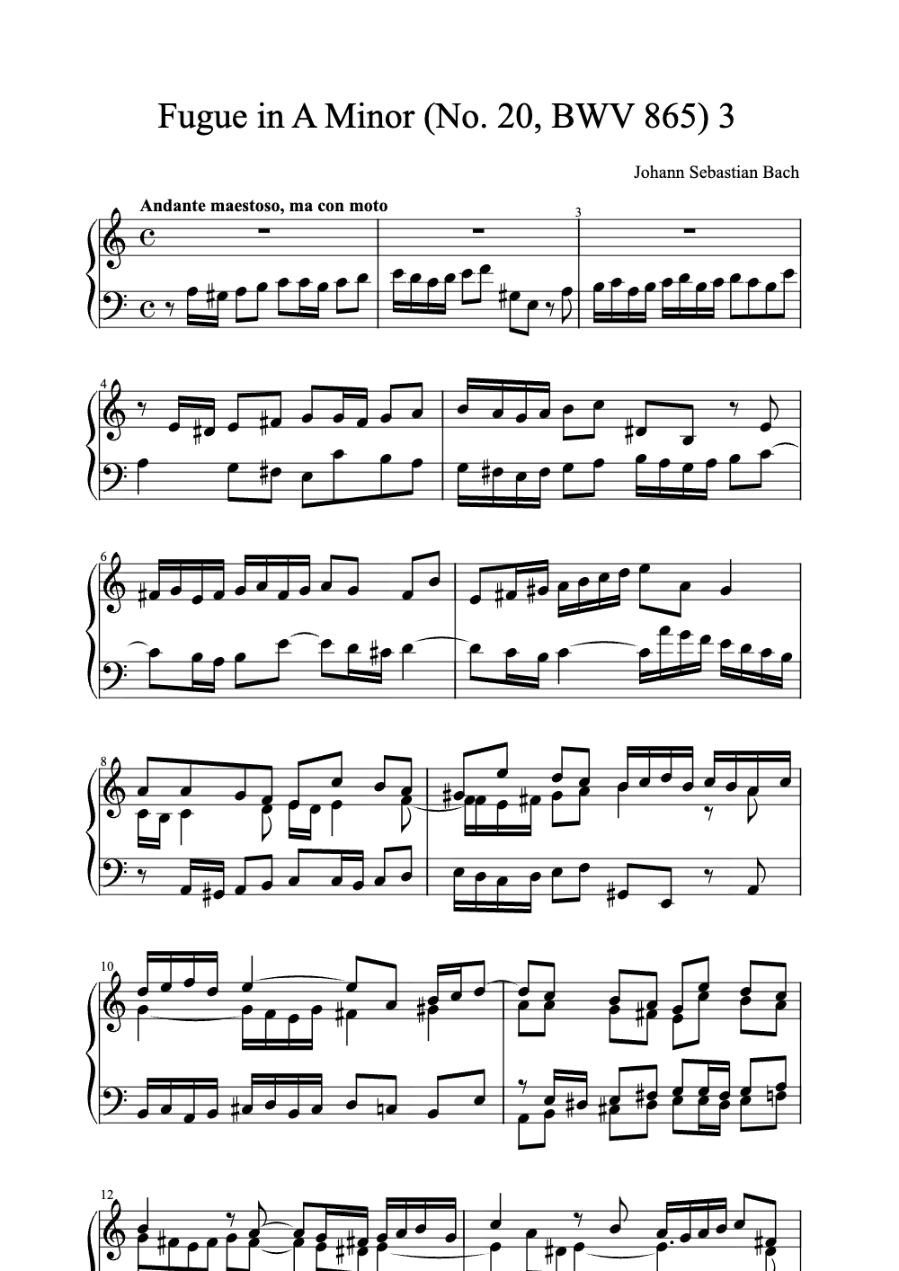 Sheet music preview for Fugue in A Minor (No. 20, BWV 865)