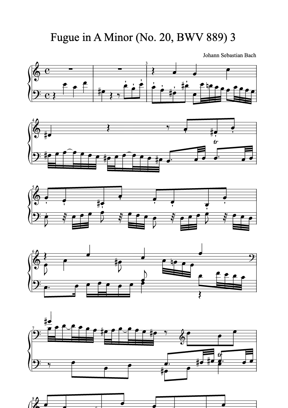 Sheet music preview for Fugue in A Minor (No. 20, BWV 889)