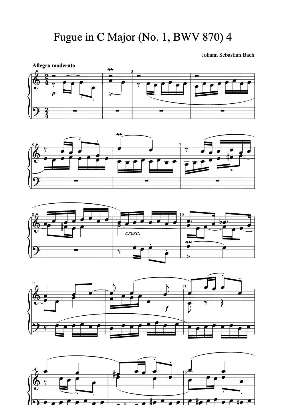 Sheet music preview for Fugue in C Major (No. 1, BWV 870)