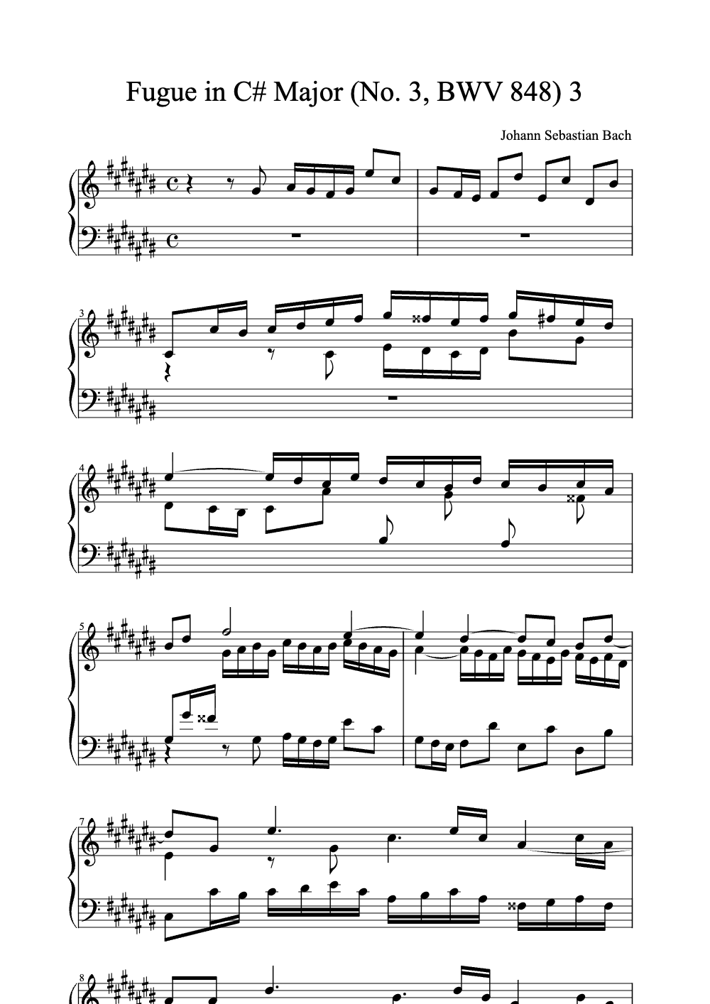 Sheet music preview for Fugue in C# Major (No. 3, BWV 848)
