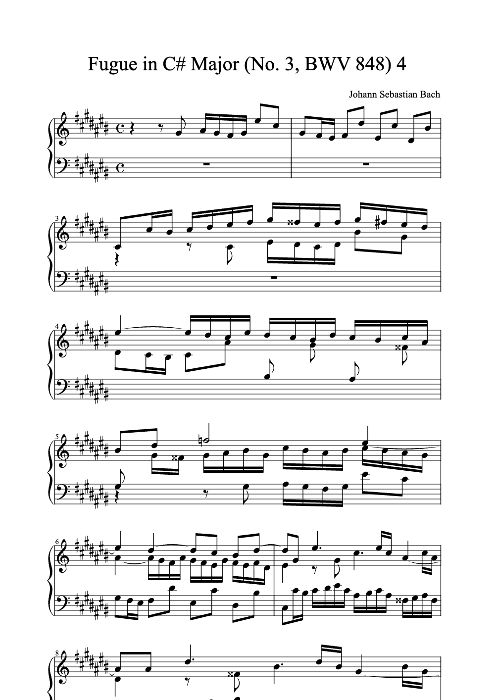 Sheet music preview for Fugue in C# Major (No. 3, BWV 848)