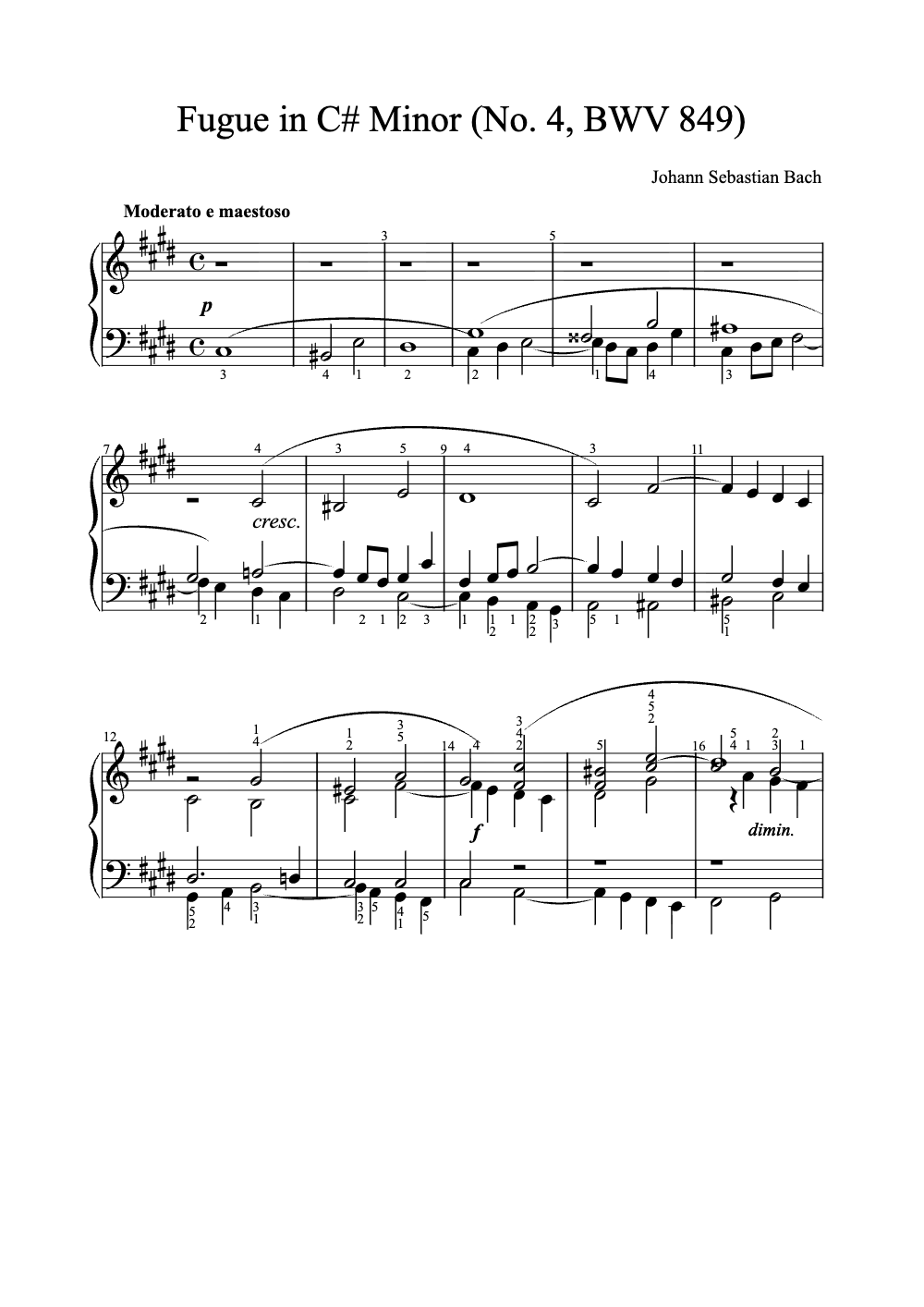 Sheet music preview for Fugue in C# Minor (No. 4, BWV 849)