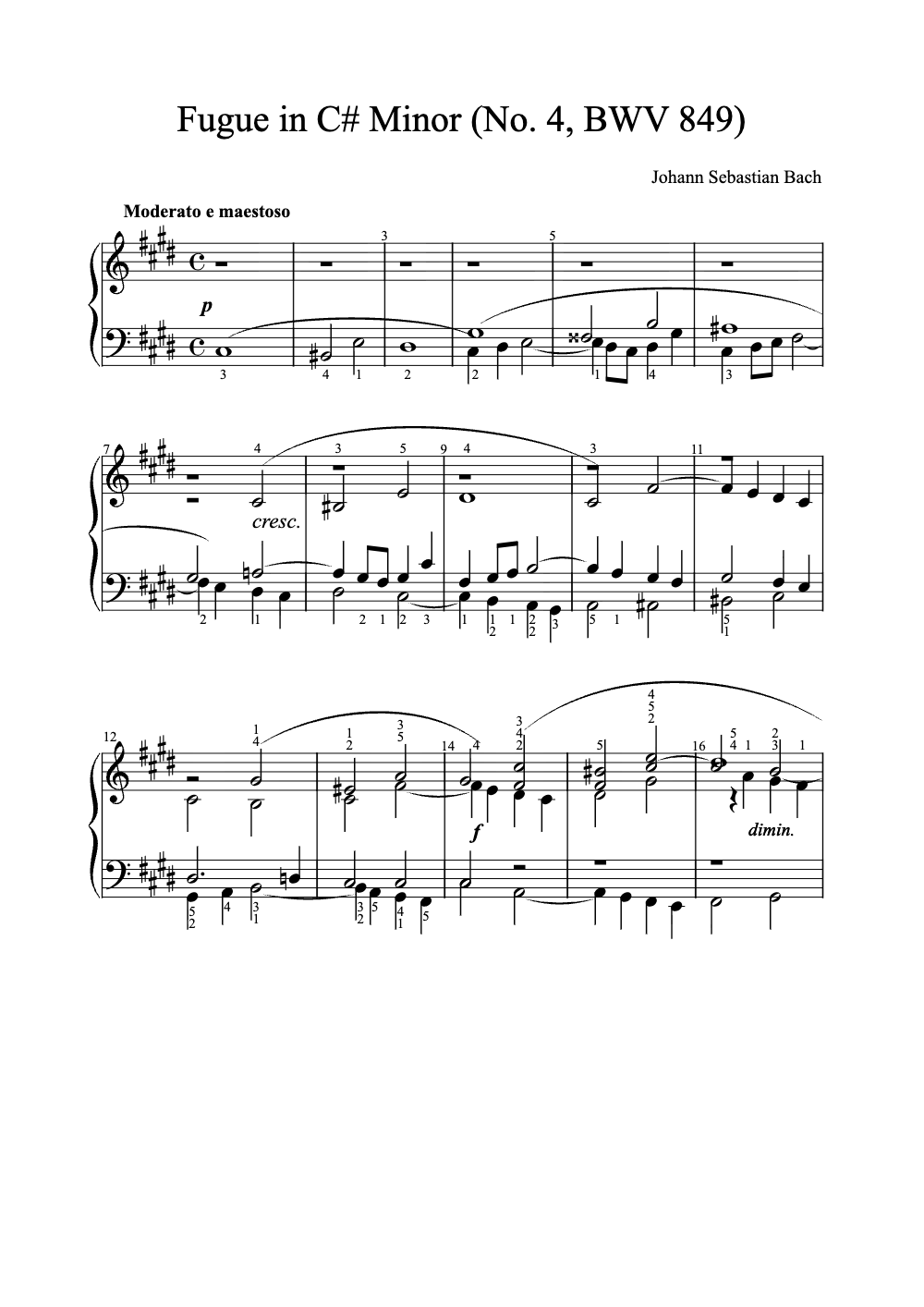 Sheet music preview for Fugue in C# Minor (No. 4, BWV 849)