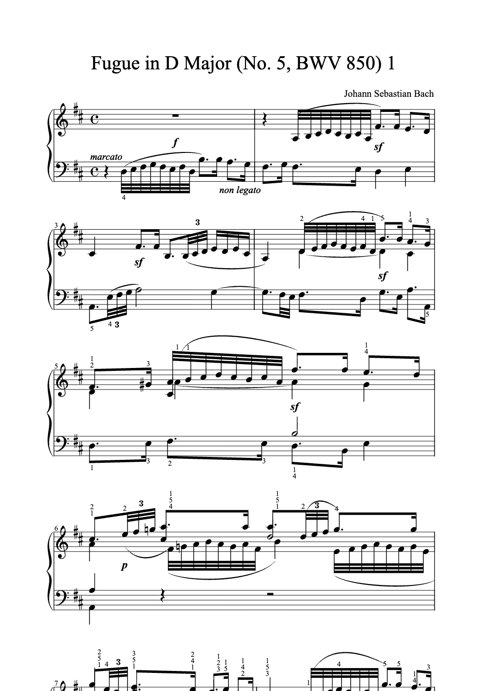 Sheet music preview for Fugue in D Major (No. 5, BWV 850)