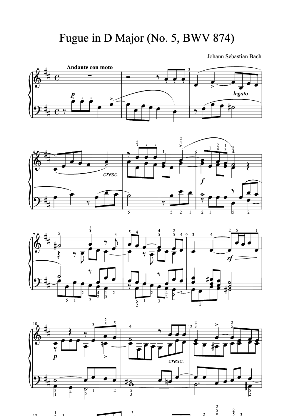 Sheet music preview for Fugue in D Major (No. 5, BWV 874)