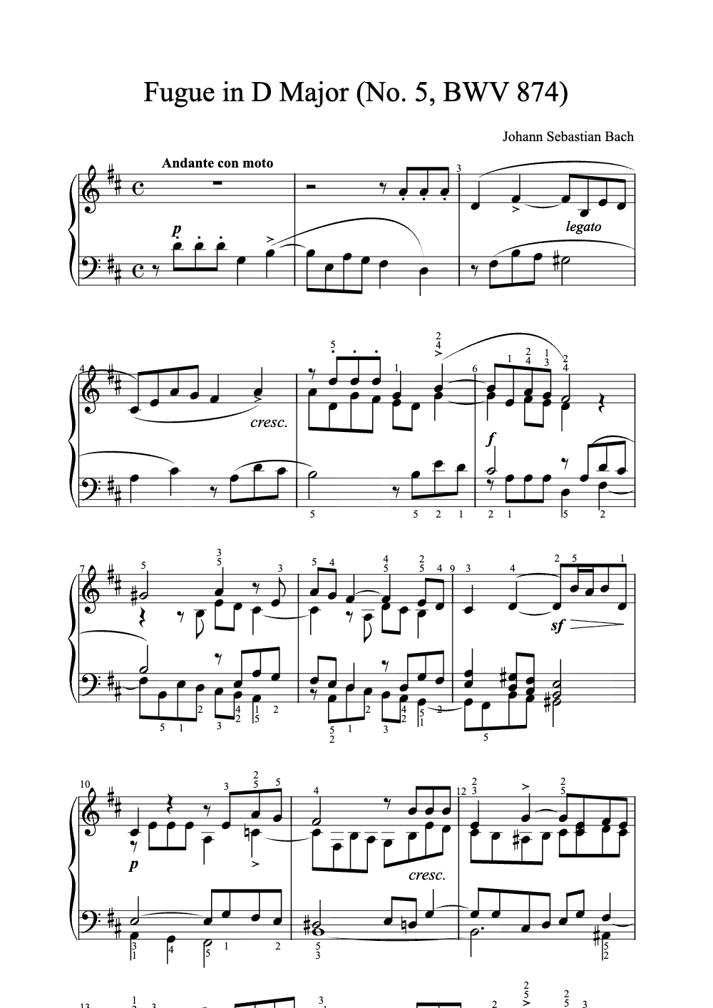 Sheet music preview for Fugue in D Major (No. 5, BWV 874)