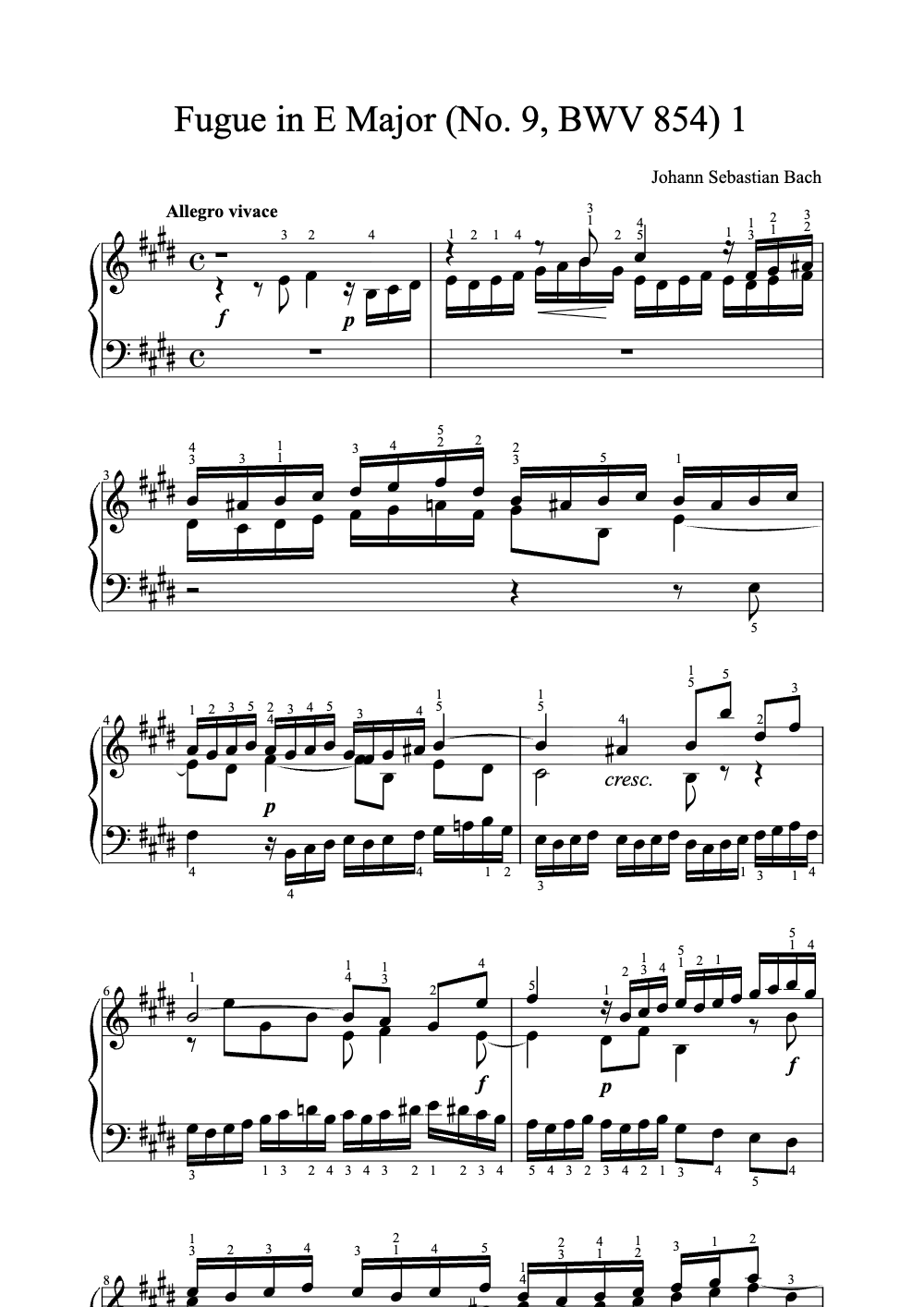 Sheet music preview for Fugue in E Major (No. 9, BWV 854)