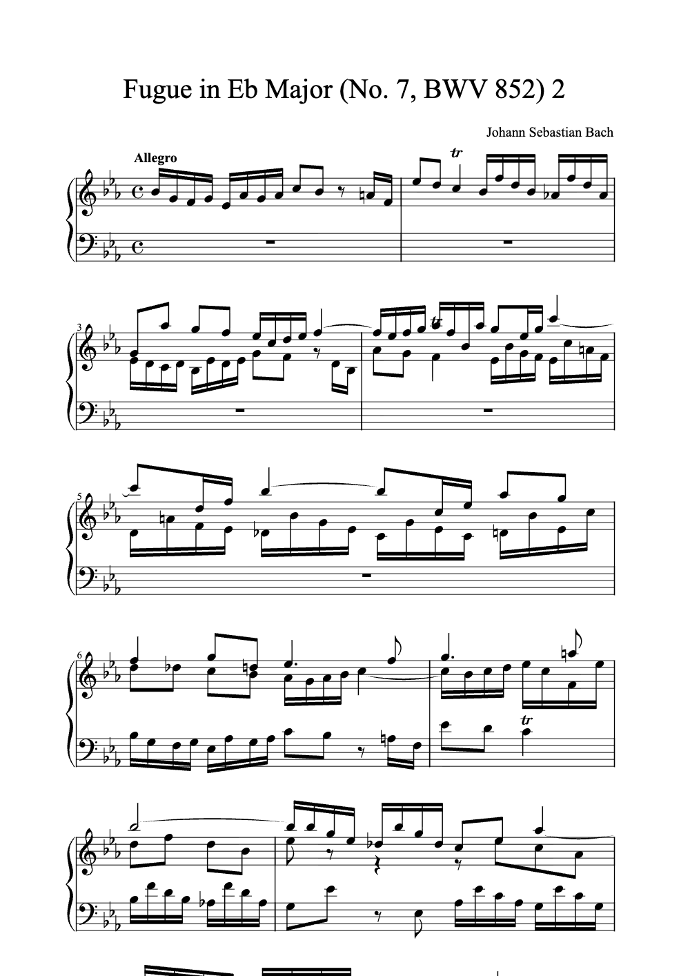Sheet music preview for Fugue in Eb Major (No. 7, BWV 852)