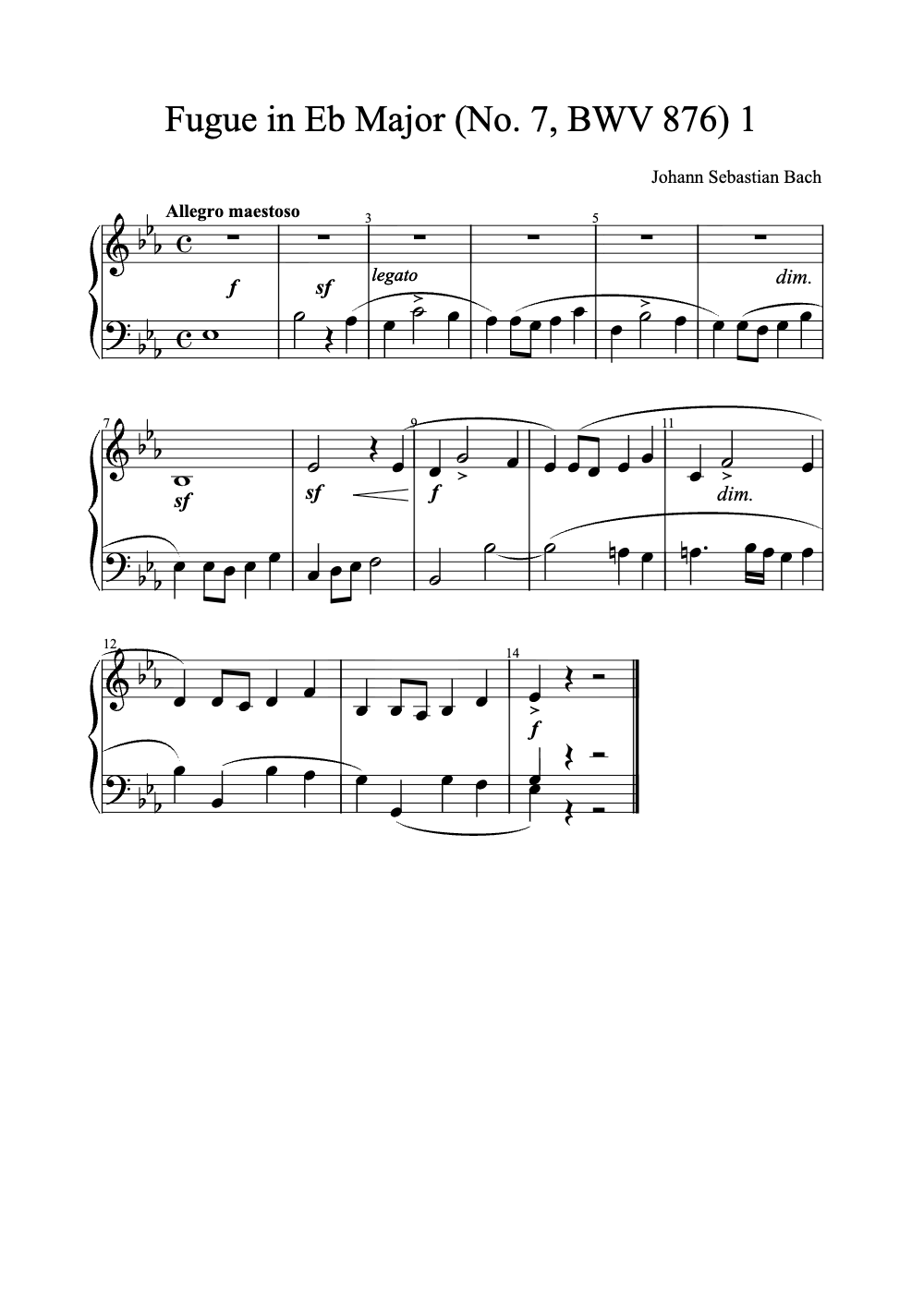 Sheet music preview for Fugue in E♭ Major (No. 7, BWV 876)