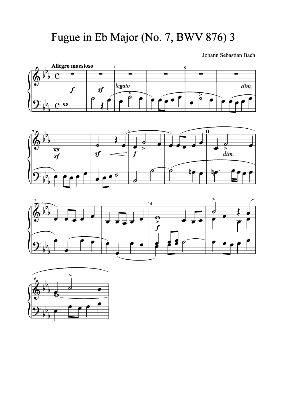 Sheet music preview for Fugue in E♭ Major (No. 7, BWV 876)