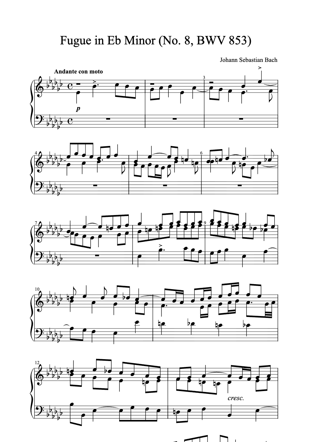 Sheet music preview for Fugue in Eb Minor (No. 8, BWV 853)