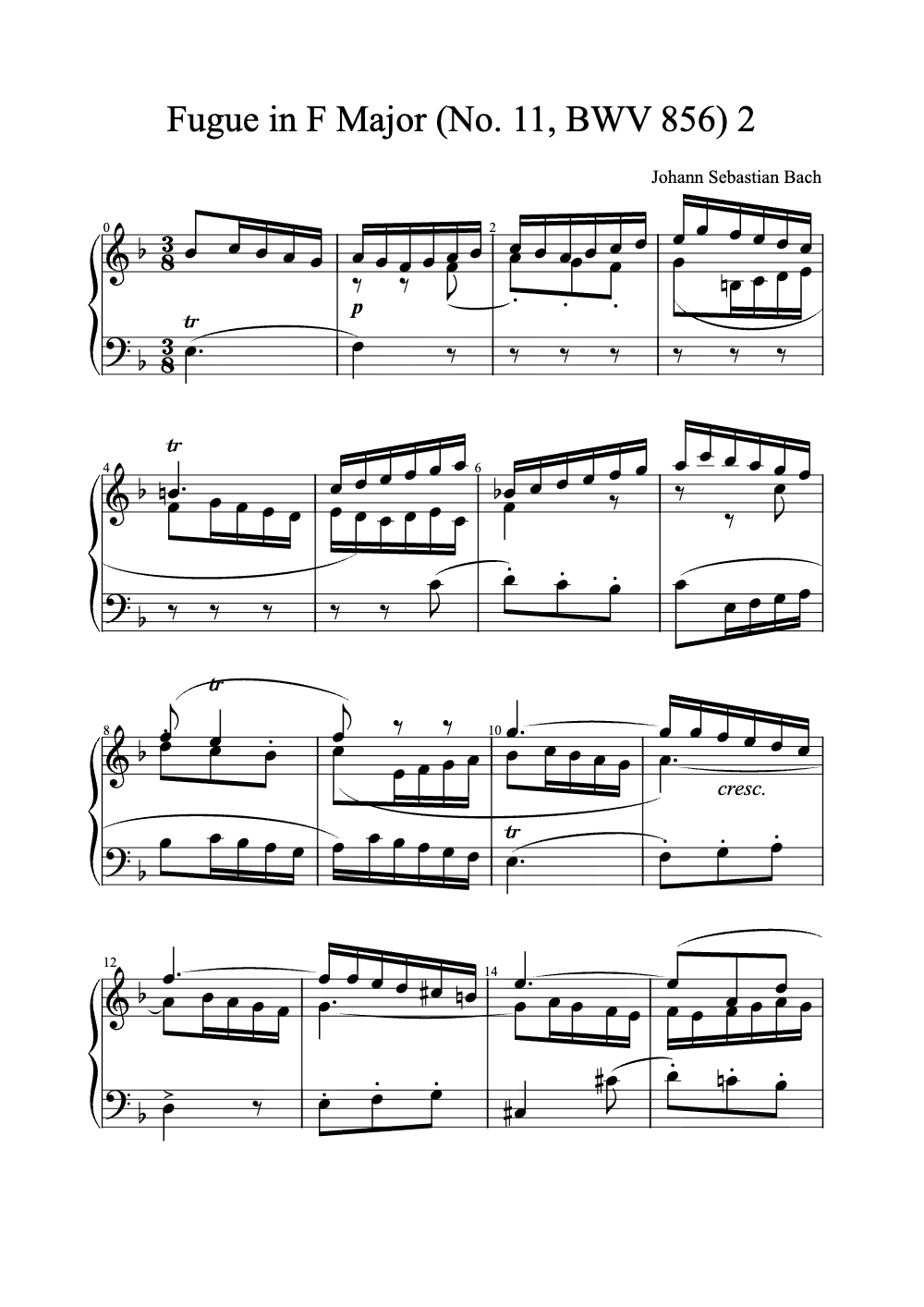 Sheet music preview for Fugue in F Major (No. 11, BWV 856)