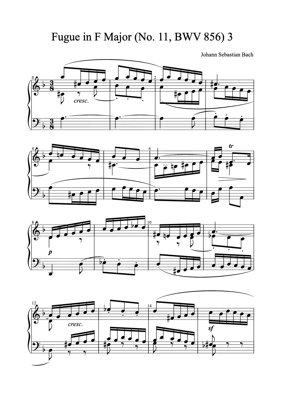 Sheet music preview for Fugue in F Major (No. 11, BWV 856)
