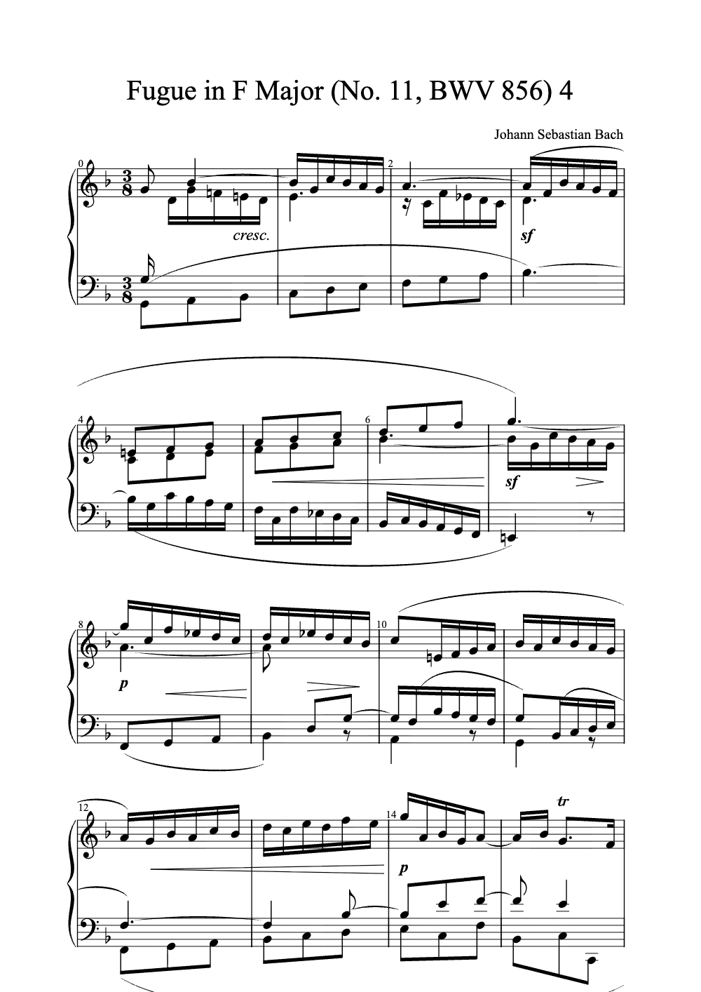 Sheet music preview for Fugue in F Major (No. 11, BWV 856)