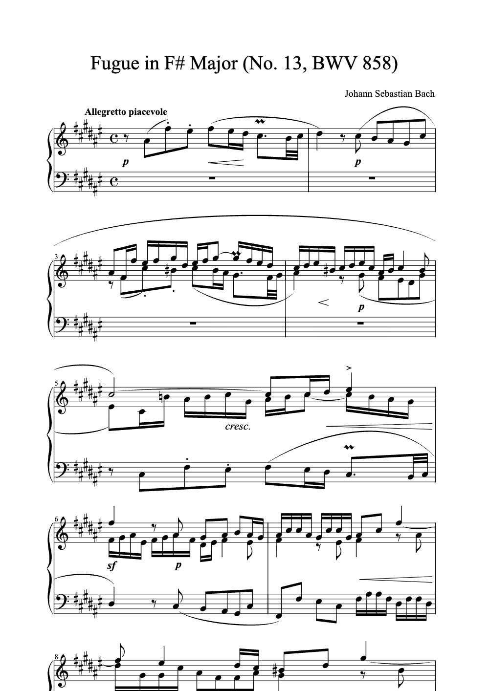 Sheet music preview for Fugue in F# Major (No. 13, BWV 858)