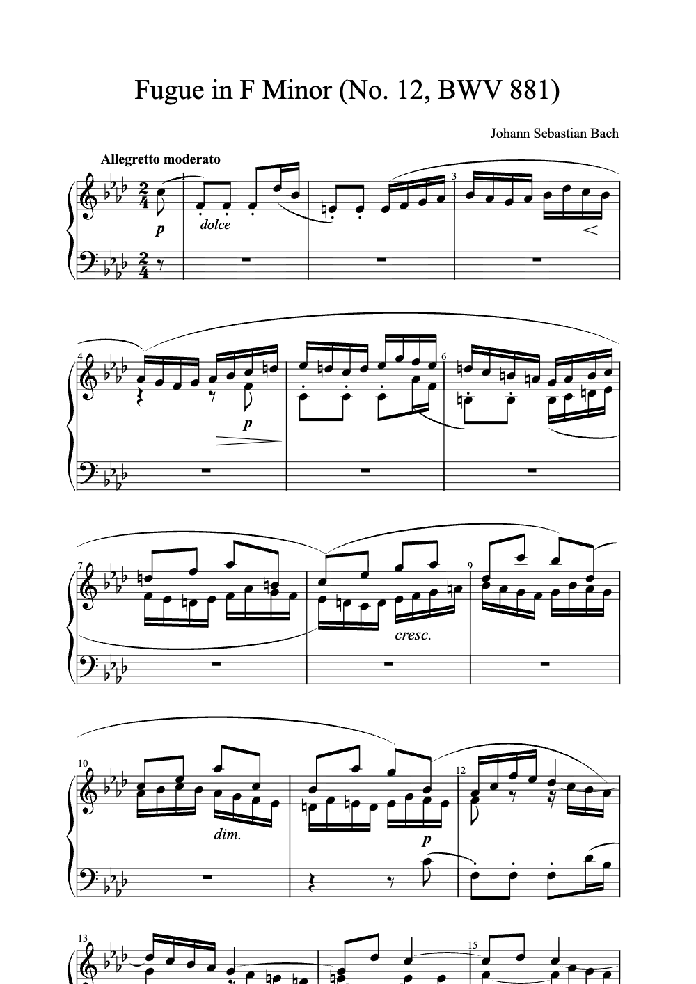 Sheet music preview for Fugue in F Minor (No. 12, BWV 881)