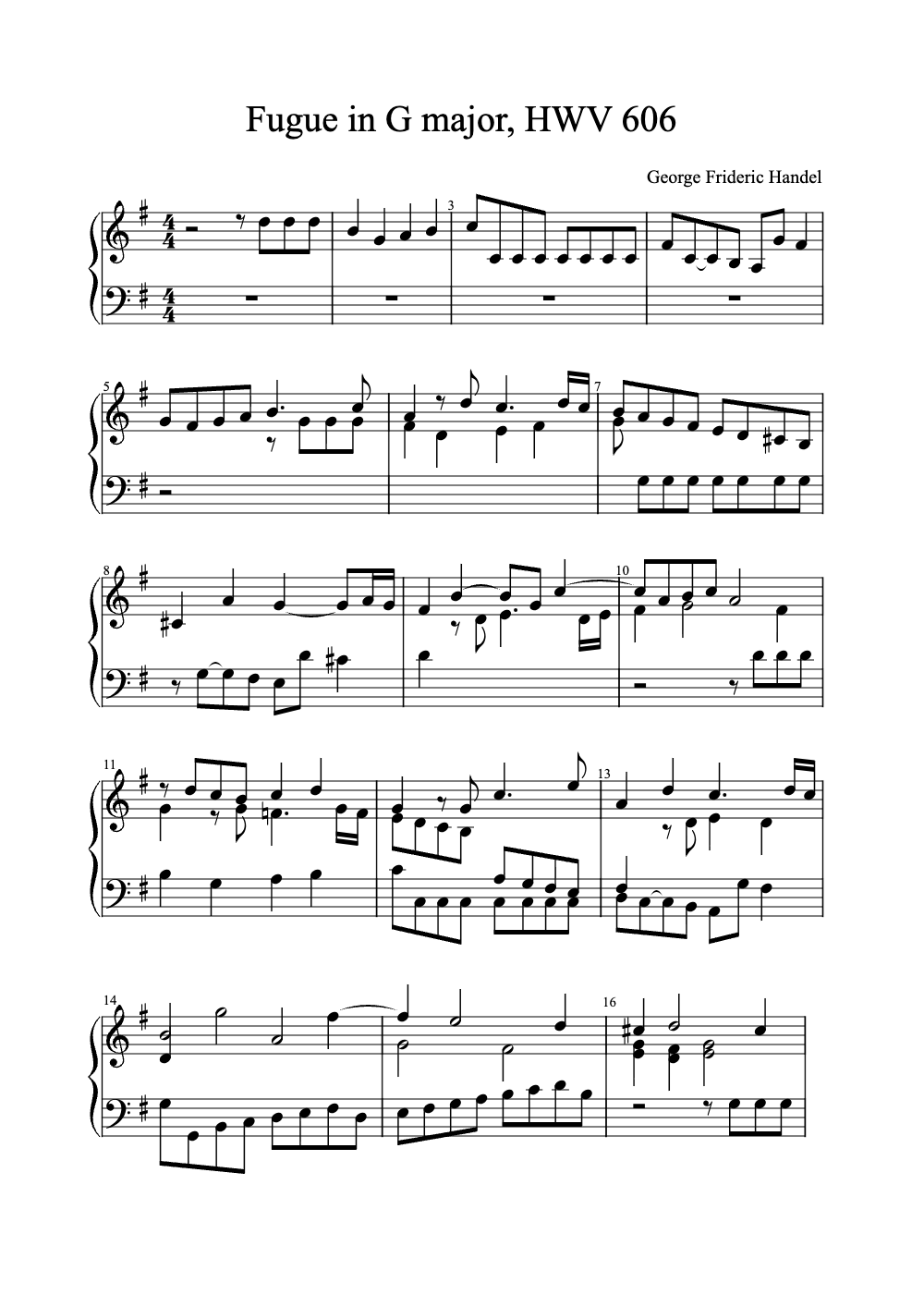 Sheet music preview for Fugue in G Major, HWV 606