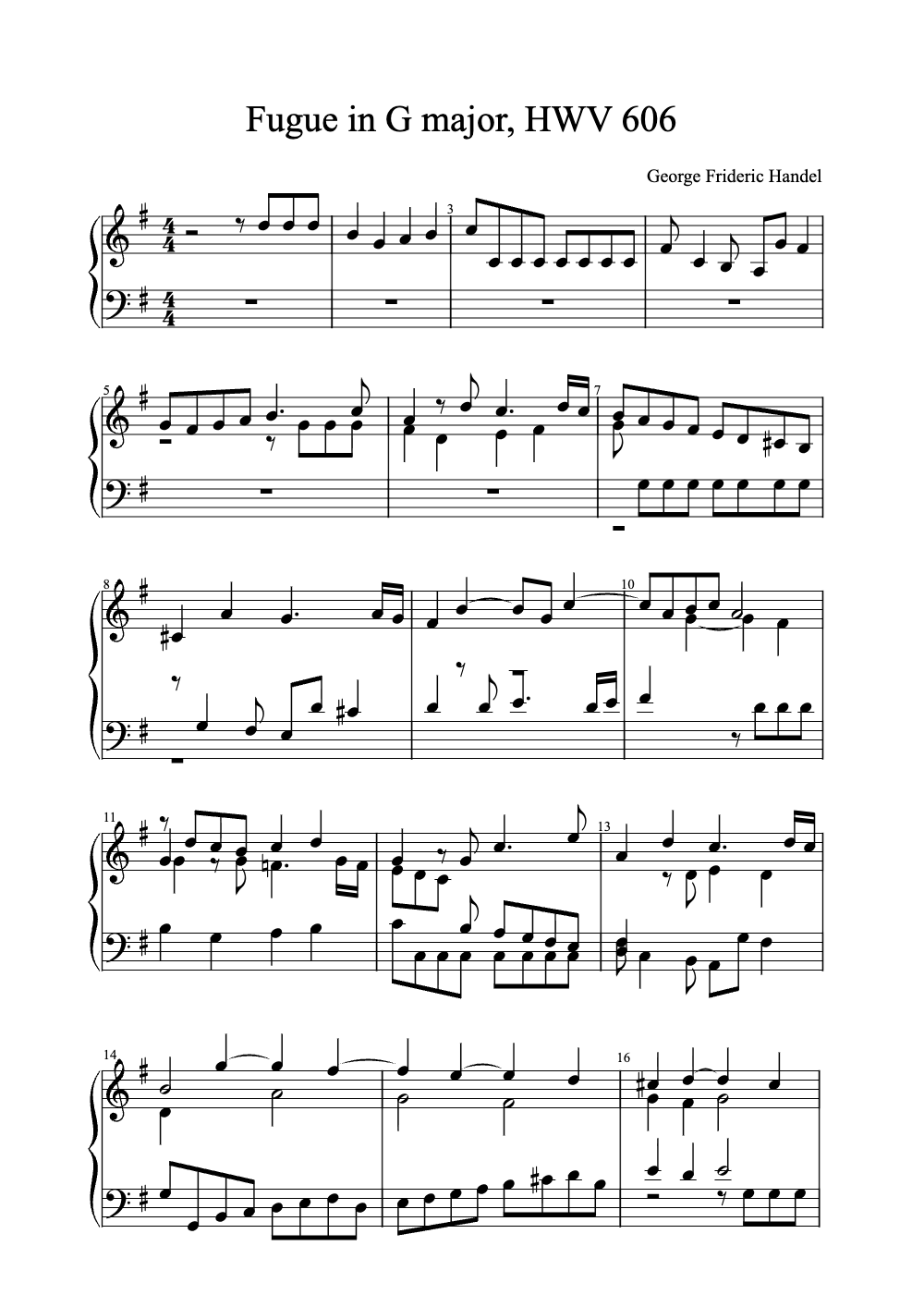 Sheet music preview for Fugue in G Major, HWV 606