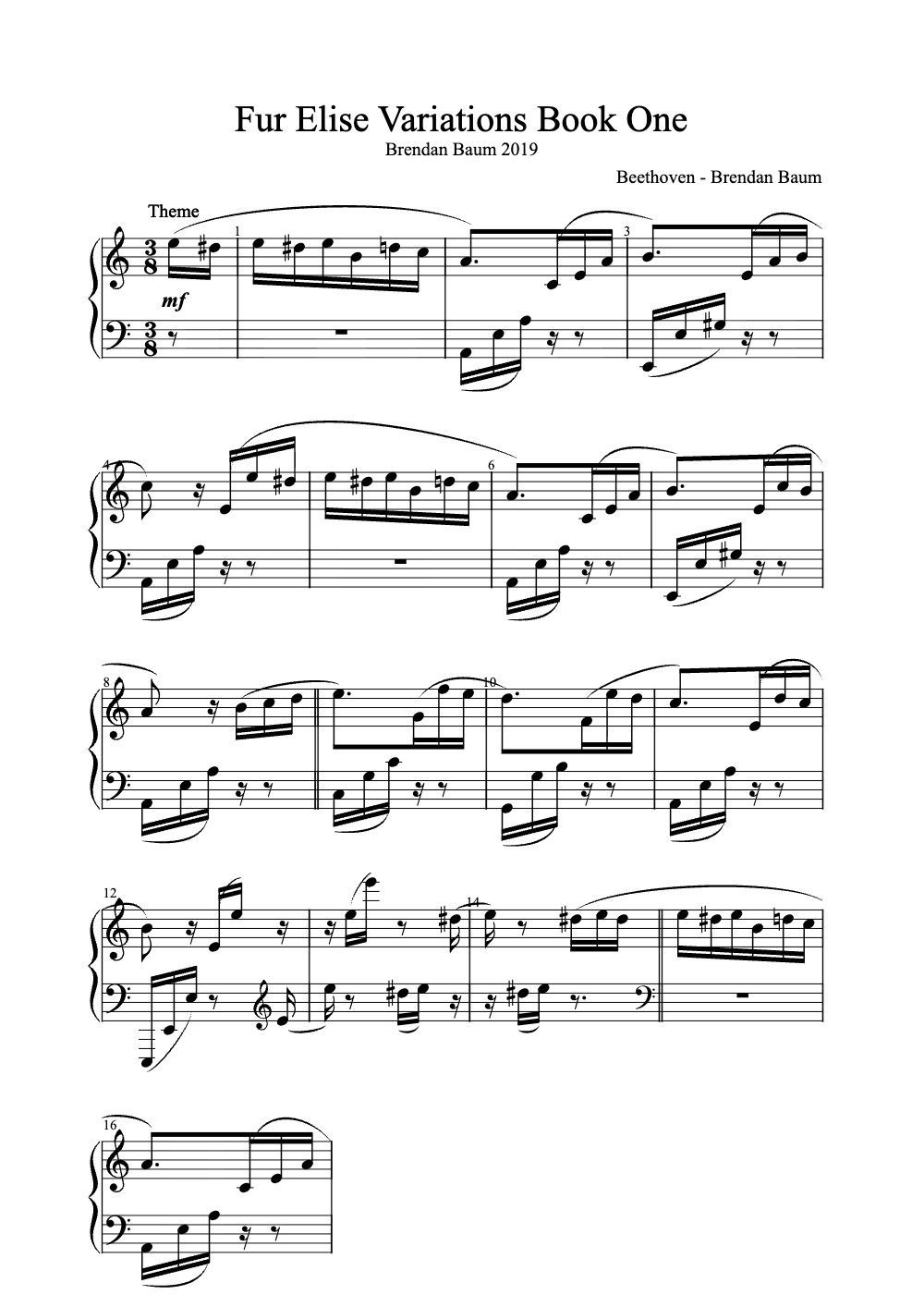 Sheet music preview for Für Elise Variations Book One