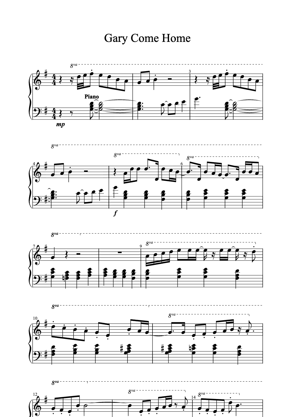 Sheet music preview for Gary Come Home
