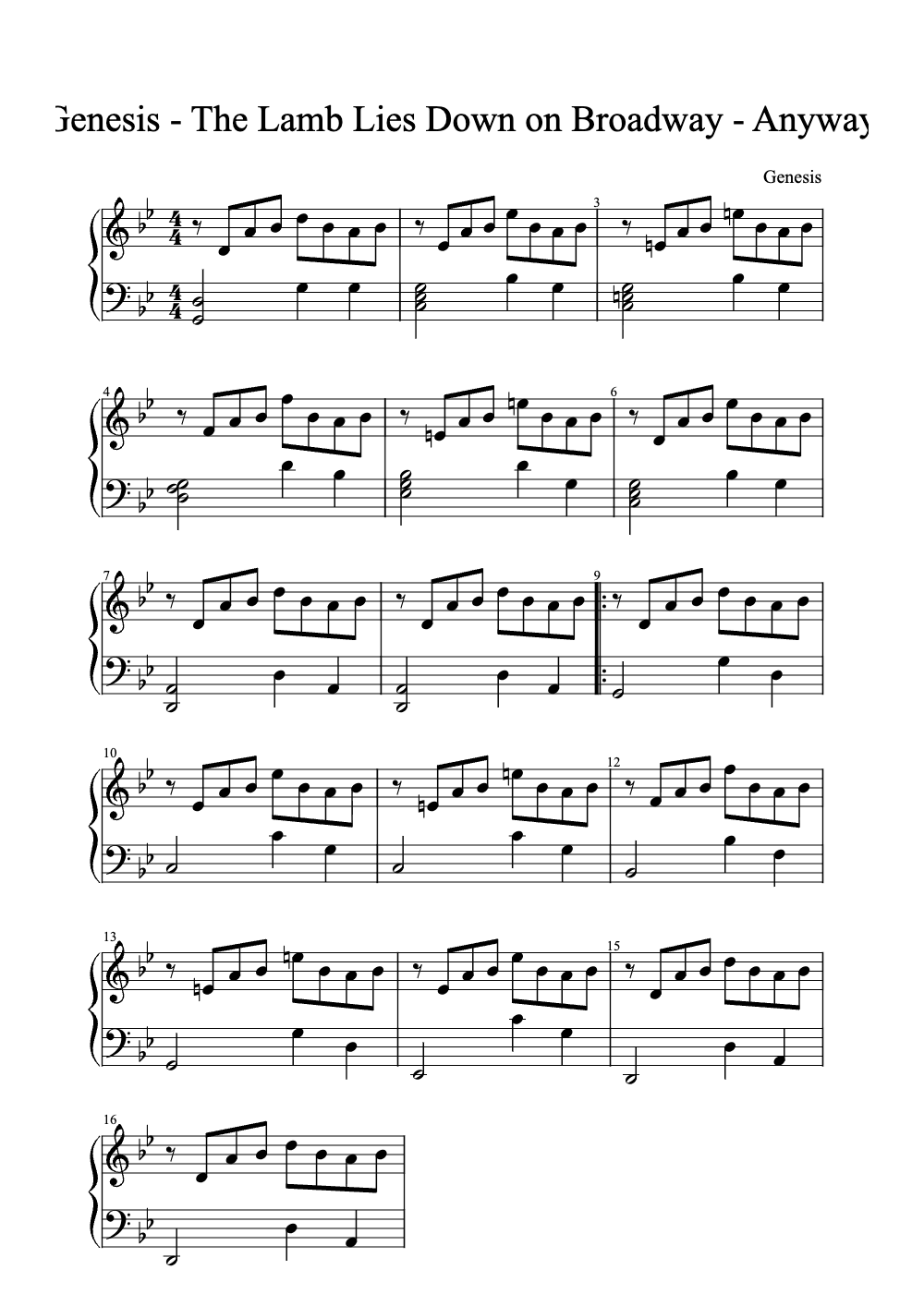 Sheet music preview for The Lamb Lies Down on Broadway