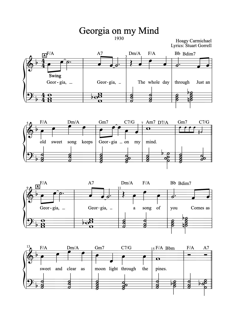 Sheet music preview for Georgia on My Mind