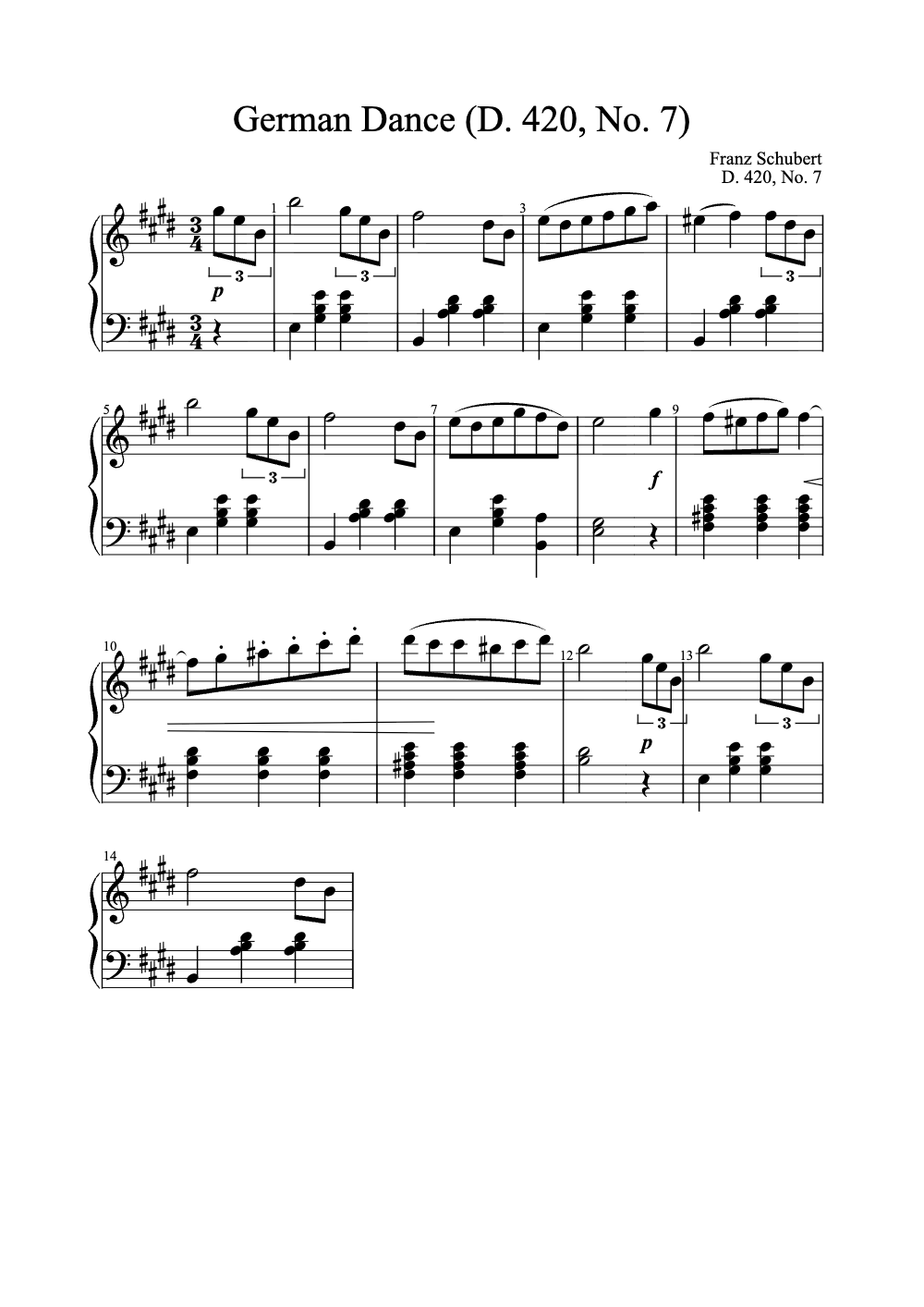 Sheet music preview for German Dance (D. 420, No. 7)