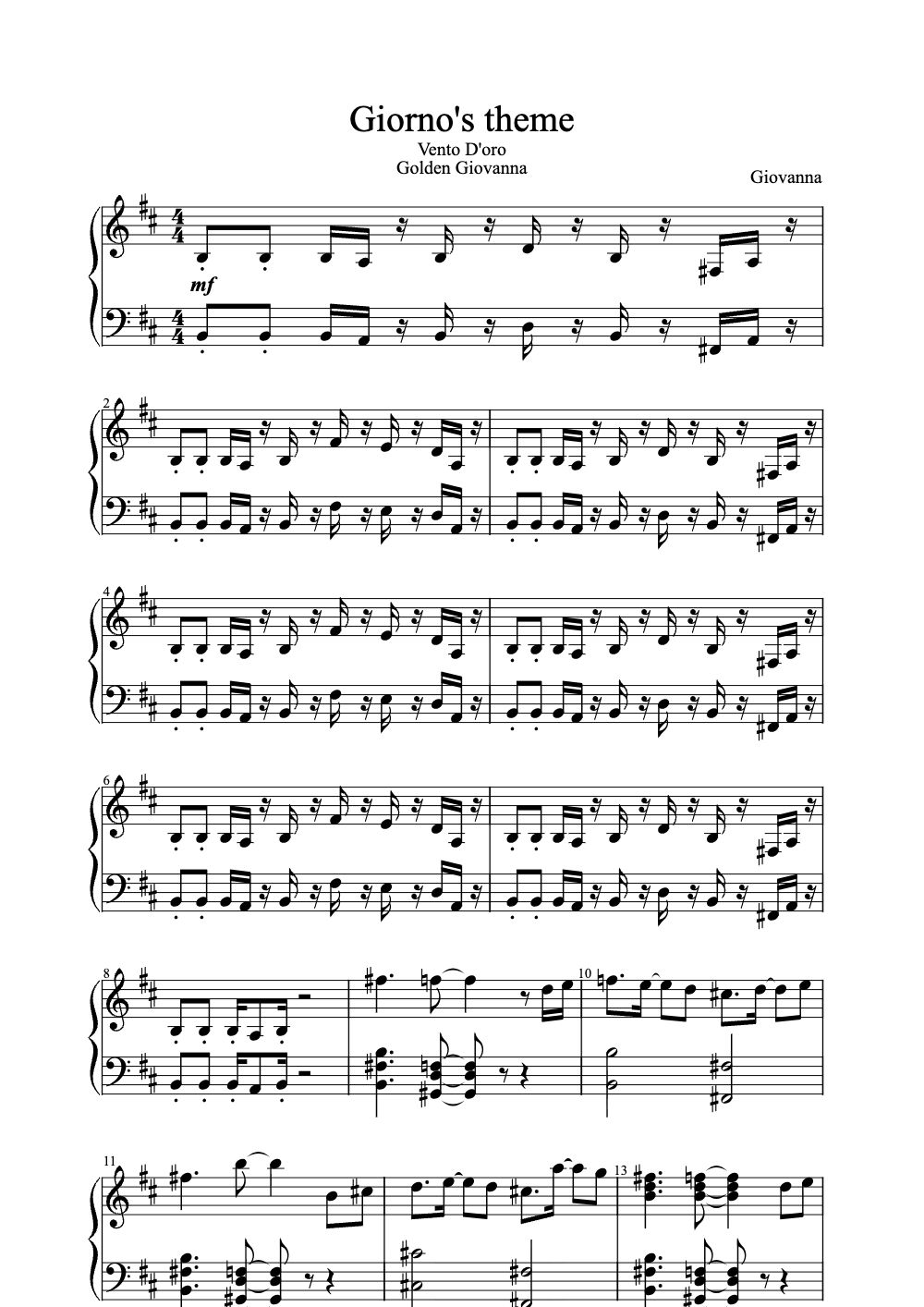 Sheet music preview for Giorno's Theme