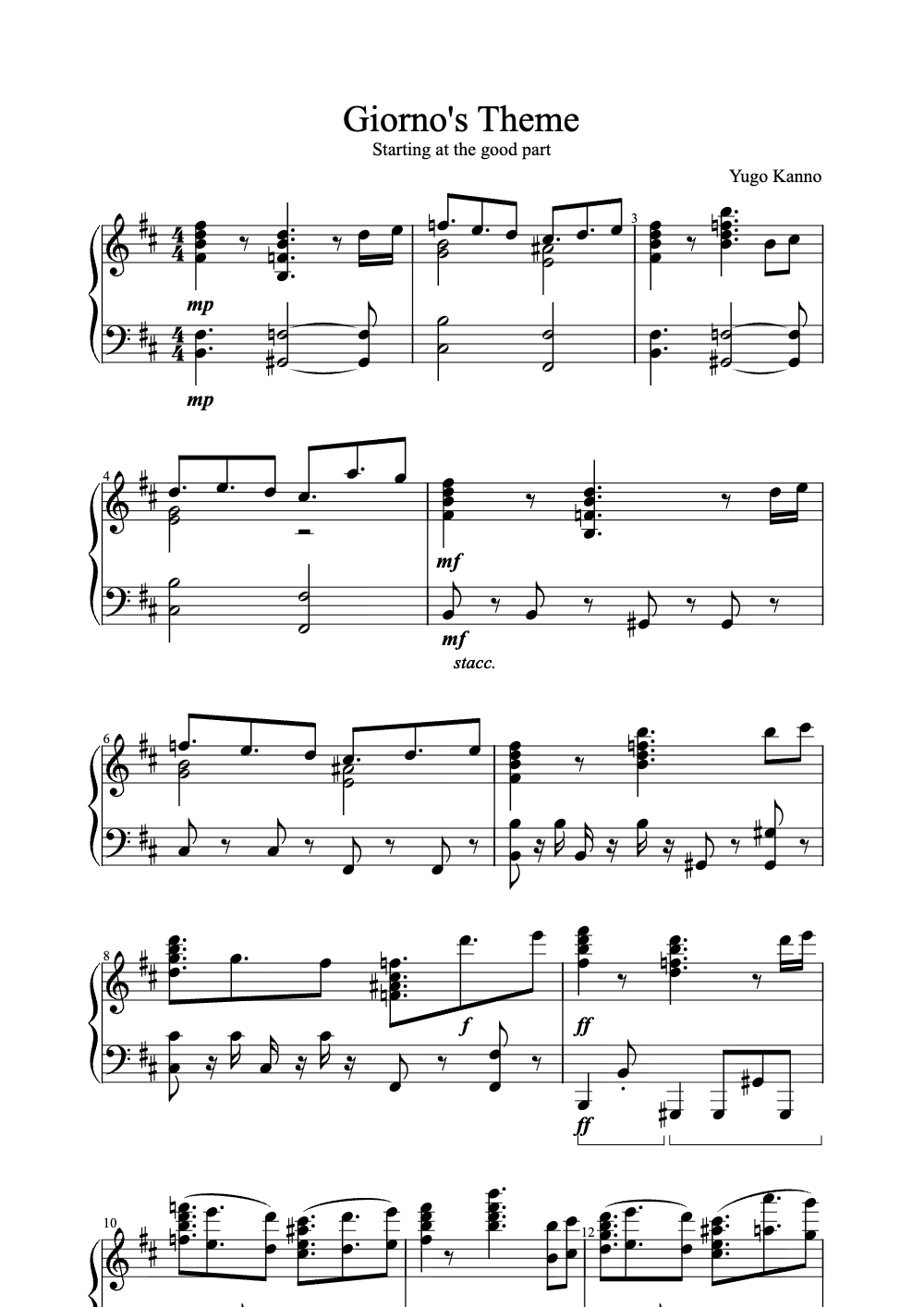Sheet music preview for Giorno's Theme