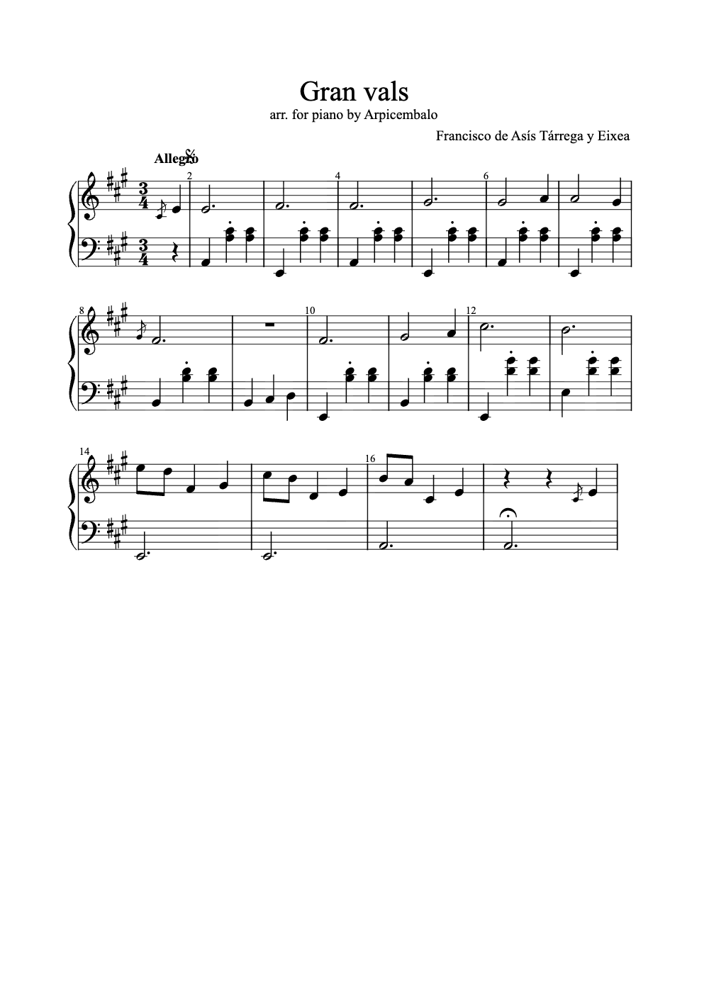 Sheet music preview for Gran Vals