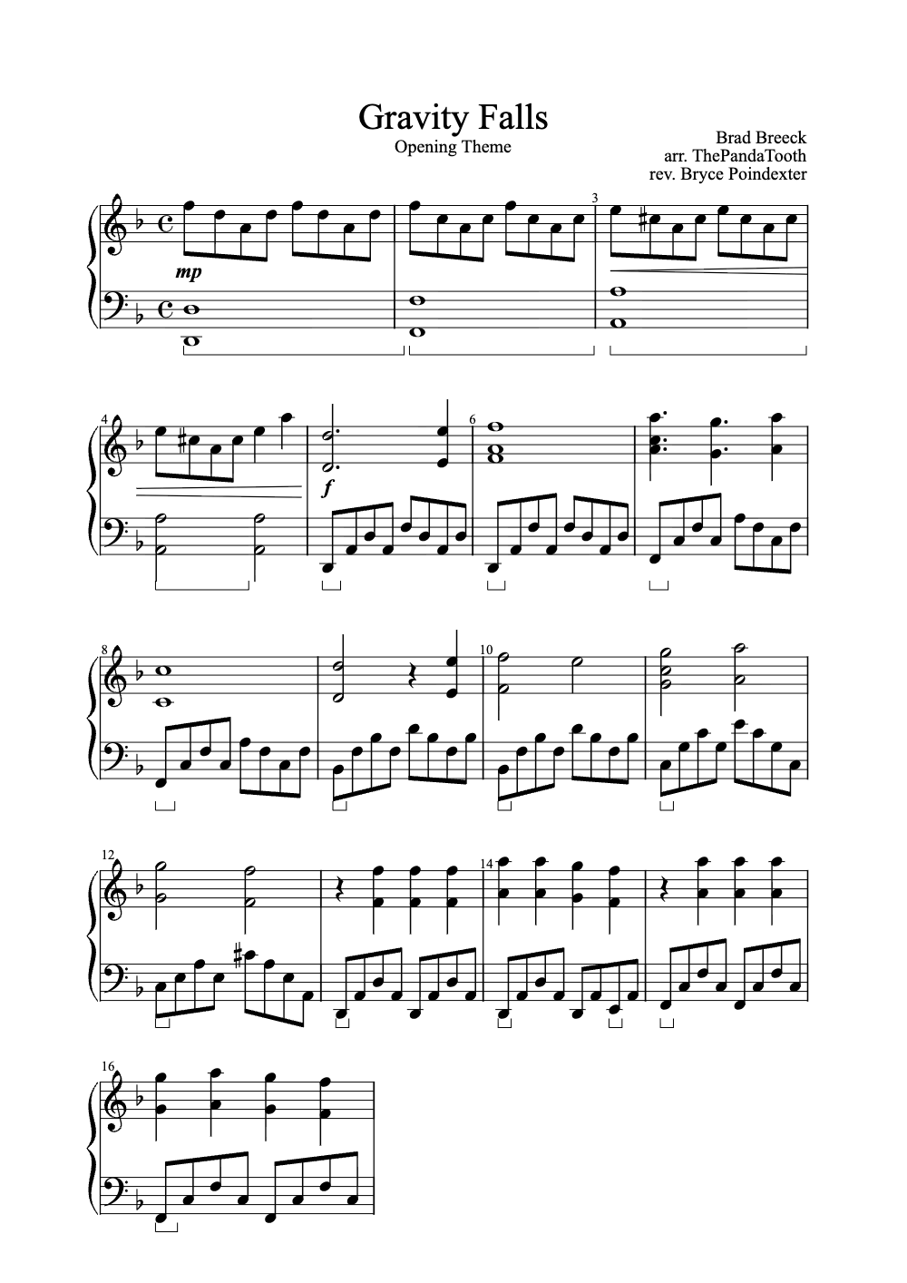 Sheet music preview for Gravity Falls